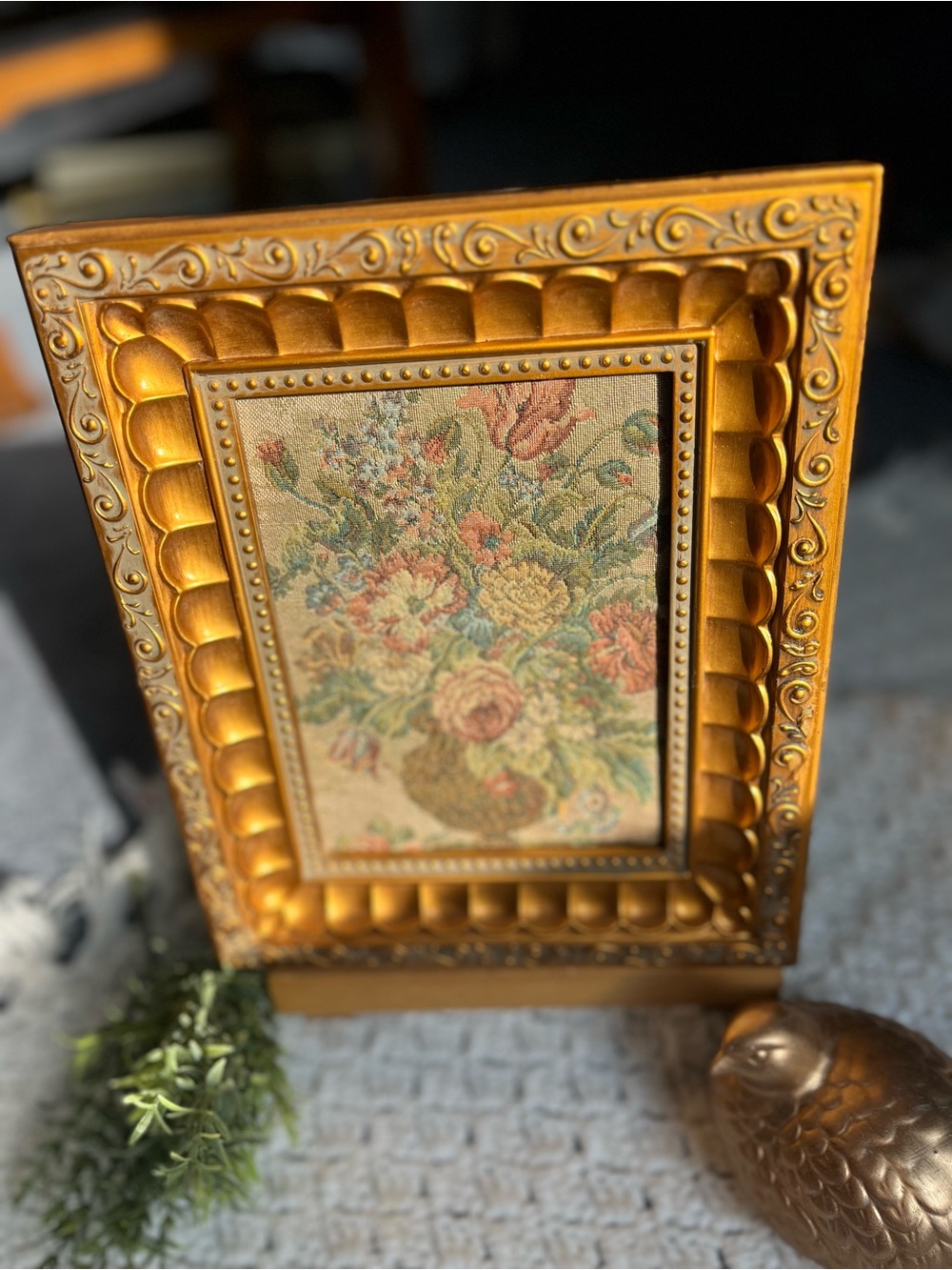 Gold Ornate Framed Antique Floral Tapestry Accent - Home Accents